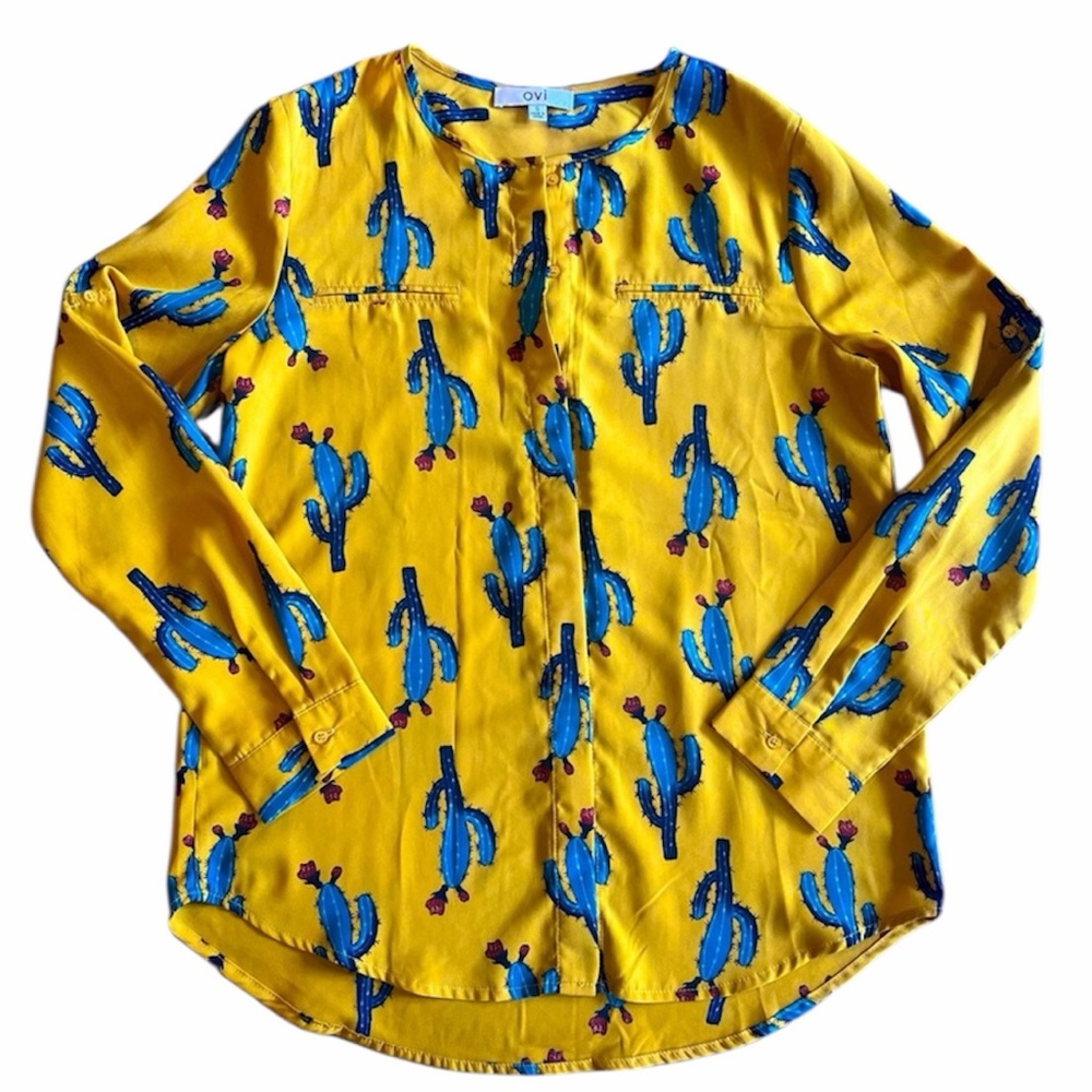 Ovi Women’s‎ Yellow Cactus Print Blouse, Long Sleeve Button Down, Small